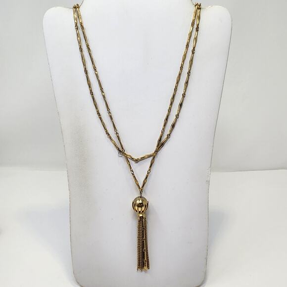 Kramer Sphere Pendant Tassel Double Strand Chain Necklace Gold Tone Vintage - Picture 1 of 6